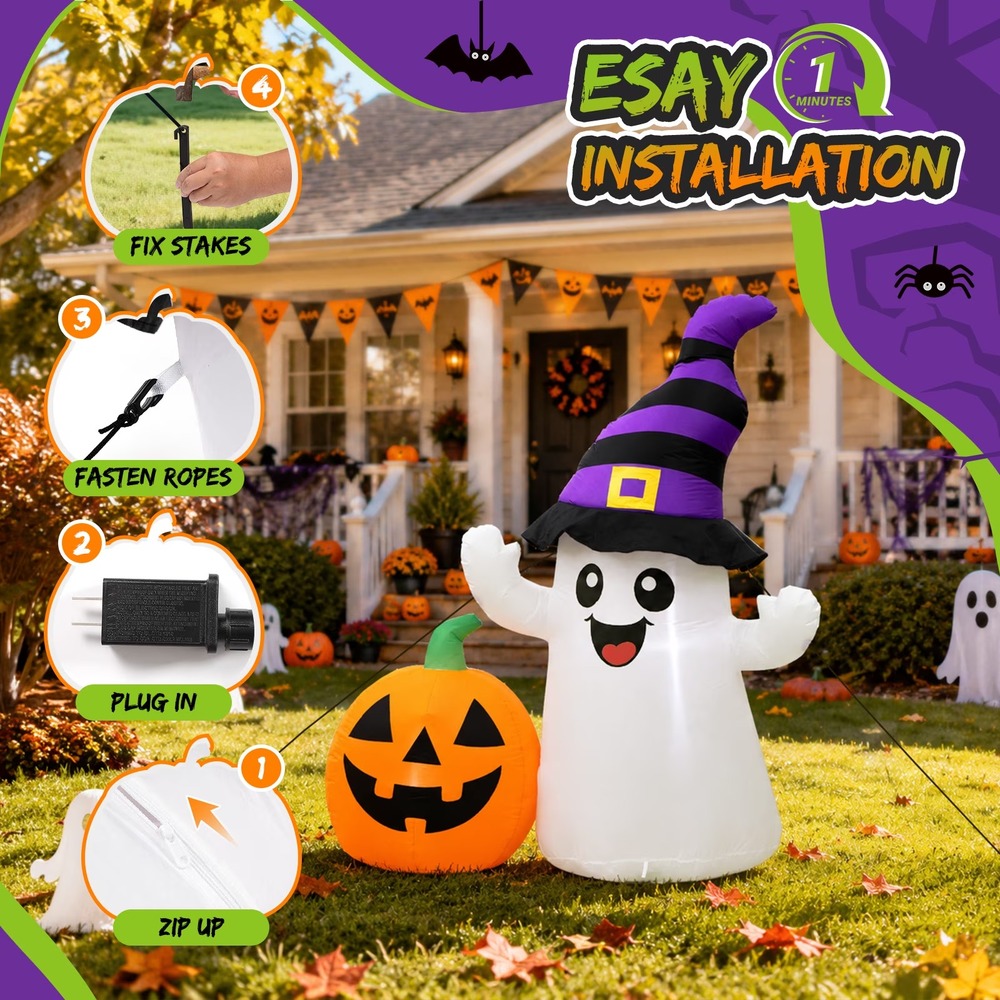 5.5FT Halloween Inflatable Ghost w/ Pumpkin & Witch Hat LED Yard Decoration NEW - Picture 5 of 9